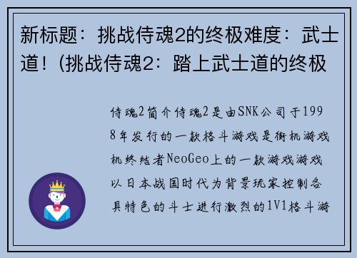 新标题：挑战侍魂2的终极难度：武士道！(挑战侍魂2：踏上武士道的终极之路！)